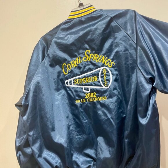 Y2K SATIN VARSITY BOMBER JACKET WESTSTARK TRENDY  SZ L BLUE/YELLOW MADE IN USA - Picture 15 of 16